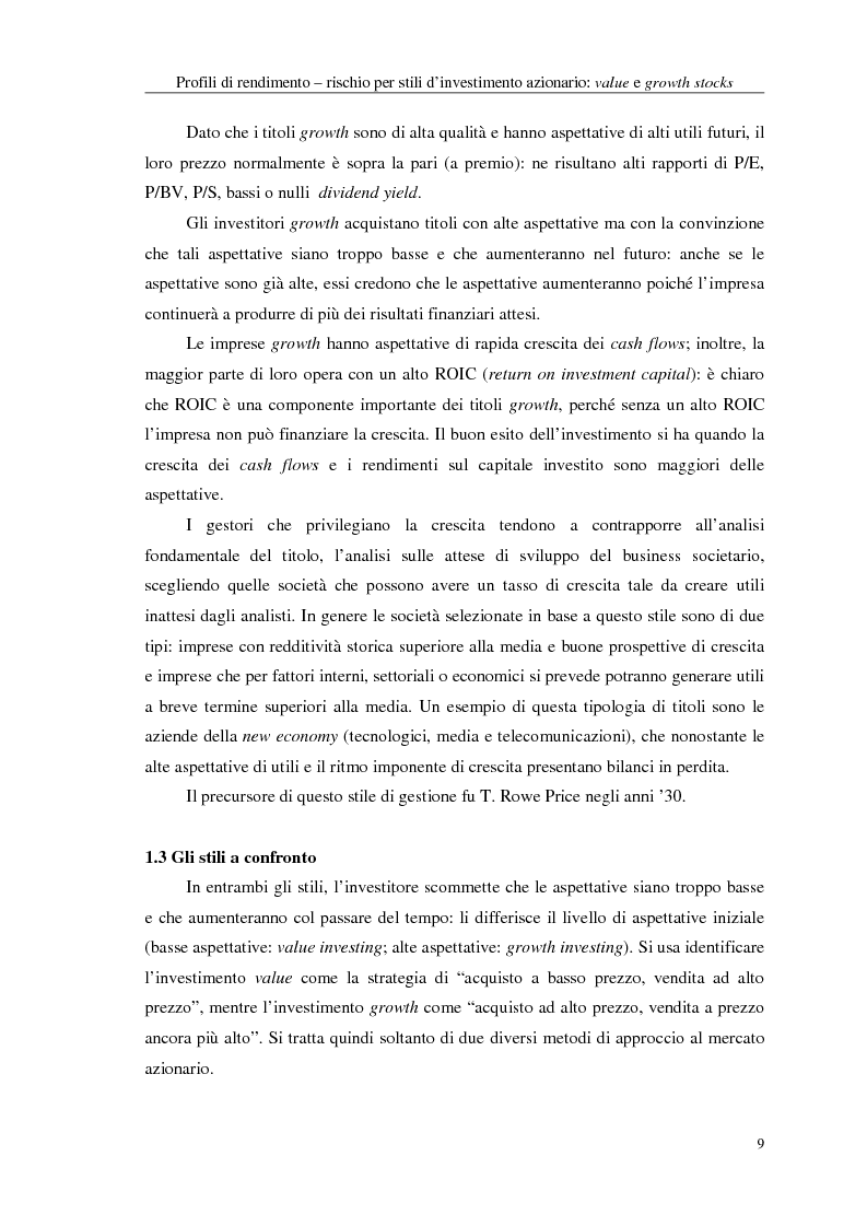 Anteprima della tesi: Profili di rendimento - rischio per stili d'investimento azionario: value e growth stocks, Pagina 9