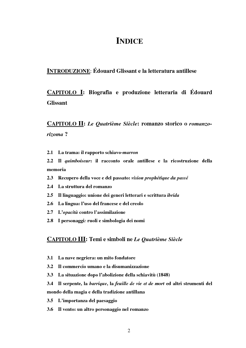 Indice della tesi: La ricostruzione della memoria nel romanzo di Edouard Glissant: Le Quatrième Siècle, Pagina 1
