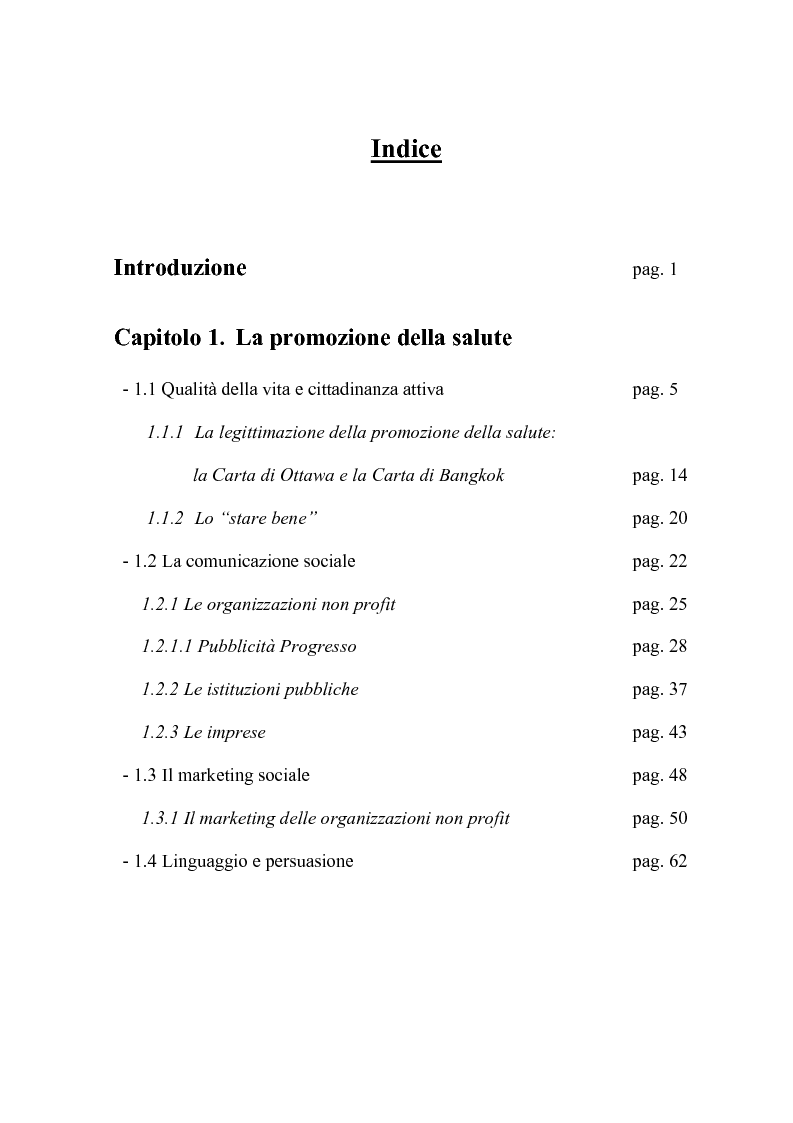 Indice della tesi: Promuovere la salute. Il caso del SEDES dell'Umbria, Pagina 1