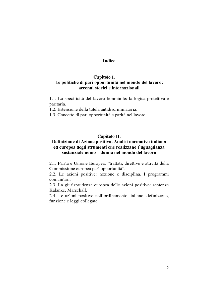 Indice della tesi: Le azioni positive a tutela della posizione della donna nel mondo del lavoro, Pagina 1