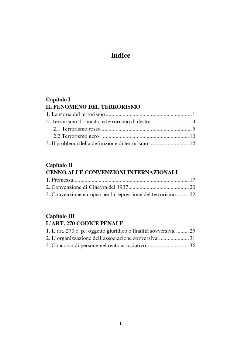 Indice della tesi: La nozione di ''terrorismo'' nel diritto penale (art.270 ss), Pagina 1