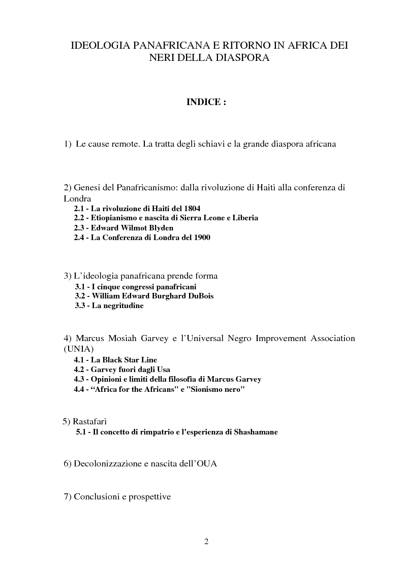 Indice della tesi: Ideologia panafricana e ritorno in Africa dei neri della diaspora, Pagina 1