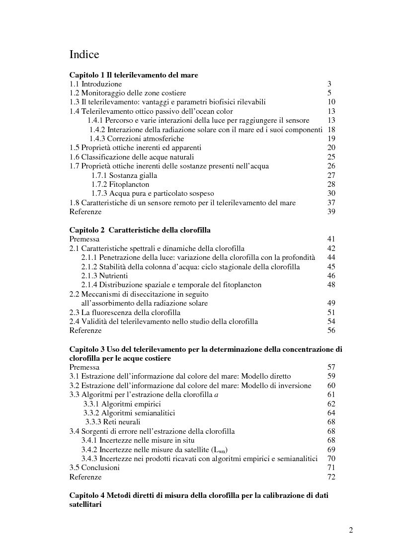 Indice della tesi: Misure di clorofilla in acque costiere con tecniche di remote sensing. Metodi di calibrazione., Pagina 1