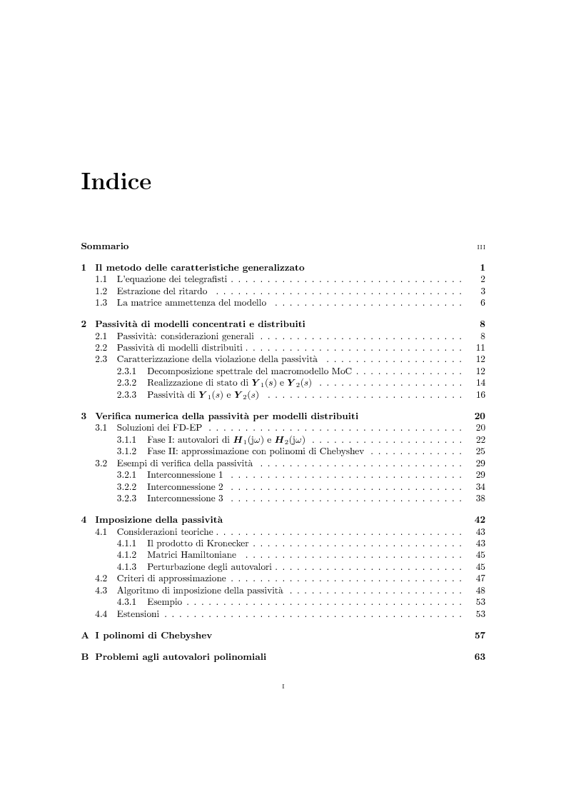 Indice della tesi: Verifica e imposizione della passività per modelli di interconnessioni distribuite, Pagina 1