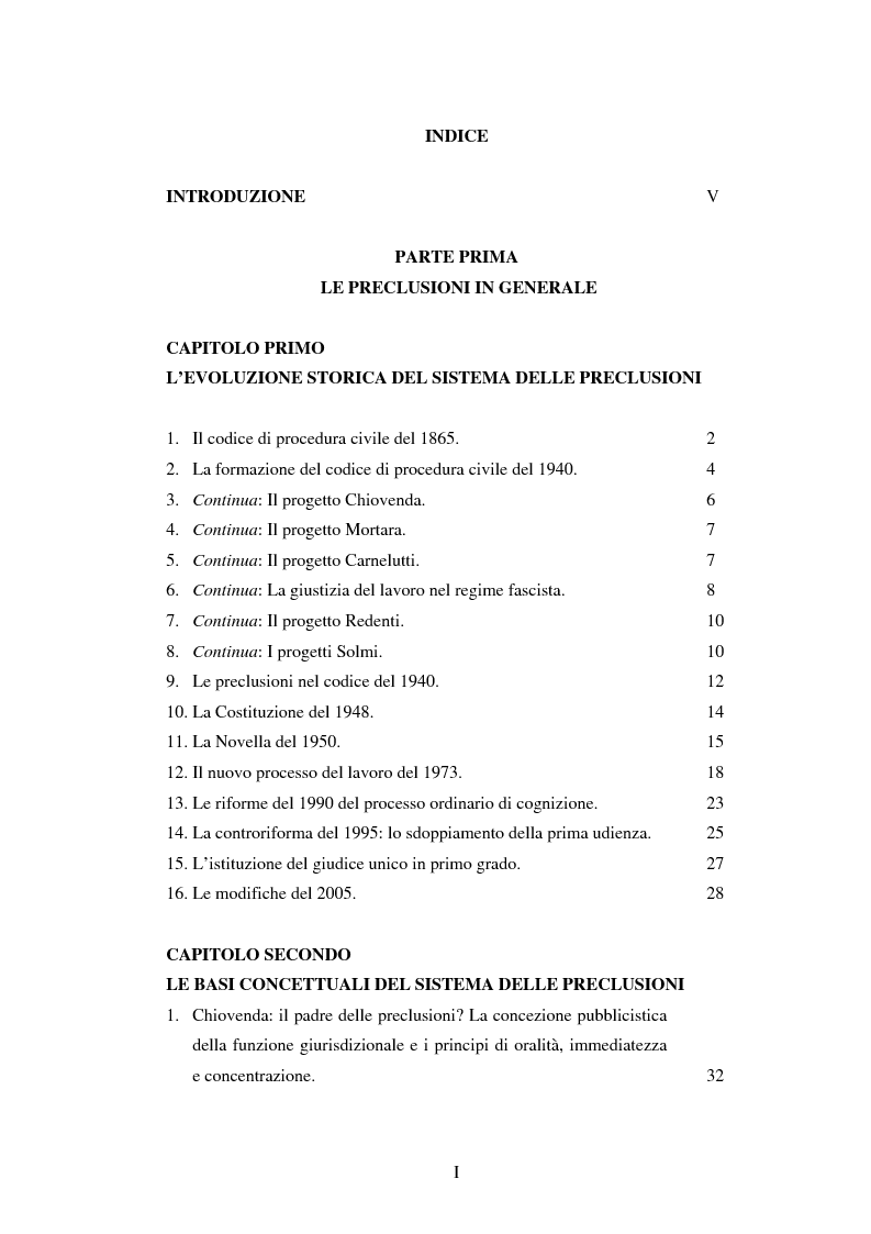Indice della tesi: Le preclusioni nel processo civile, Pagina 1