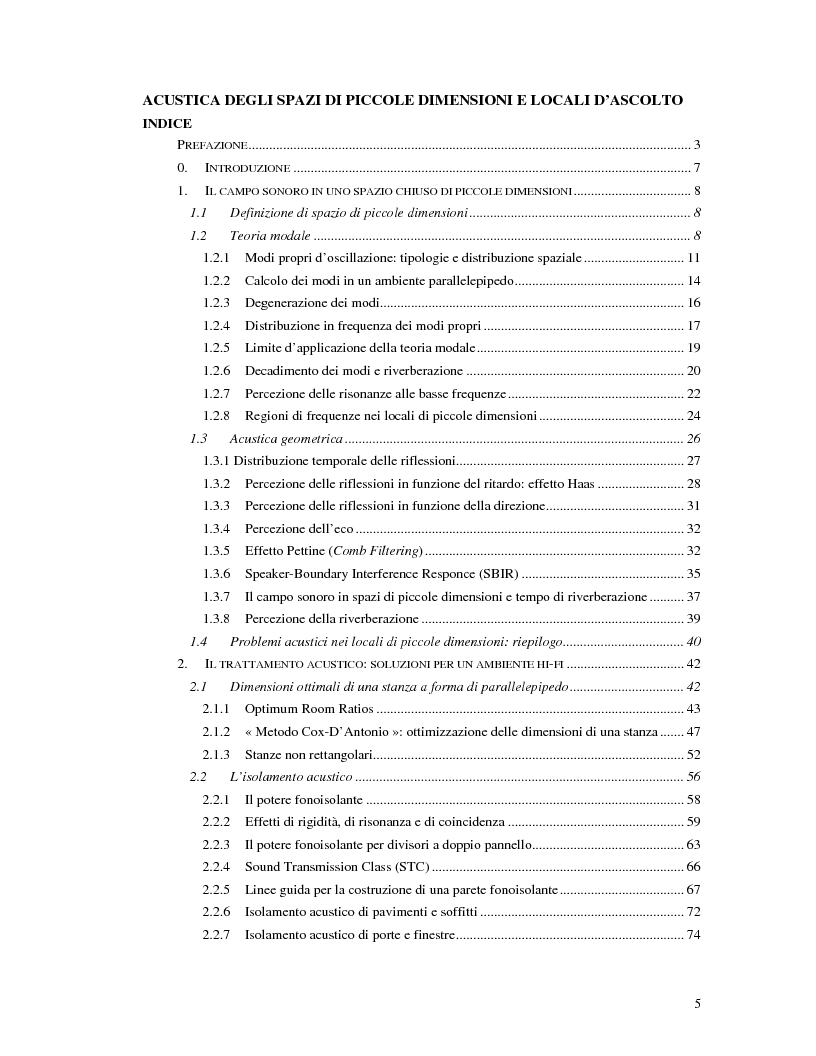Indice della tesi: Acustica degli spazi di piccole dimensioni e locali d'ascolto, Pagina 1