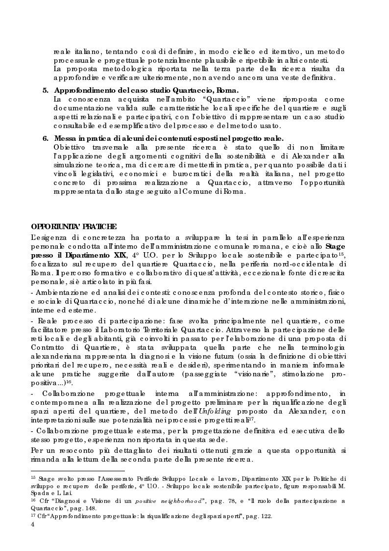 Anteprima della tesi: Riqualificazione sostenibile e partecipata delle periferie: nuove proposte processuali e progettuali nelle teorie di C. Alexander ed applicazione al caso studio Quartaccio, Roma, Pagina 4