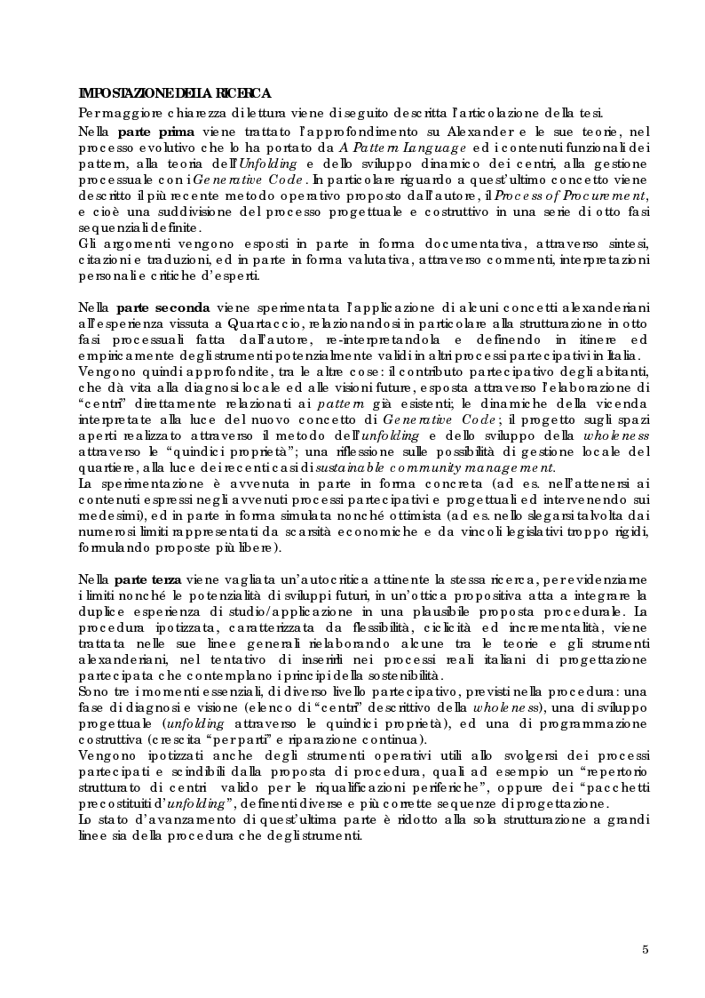 Anteprima della tesi: Riqualificazione sostenibile e partecipata delle periferie: nuove proposte processuali e progettuali nelle teorie di C. Alexander ed applicazione al caso studio Quartaccio, Roma, Pagina 5