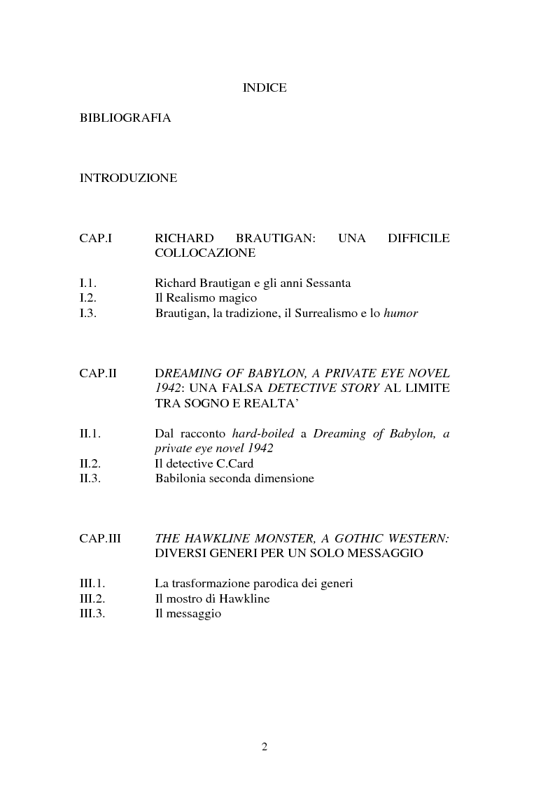 Indice della tesi: Luci ed ombre di Richard Gary Brautigan, Pagina 1