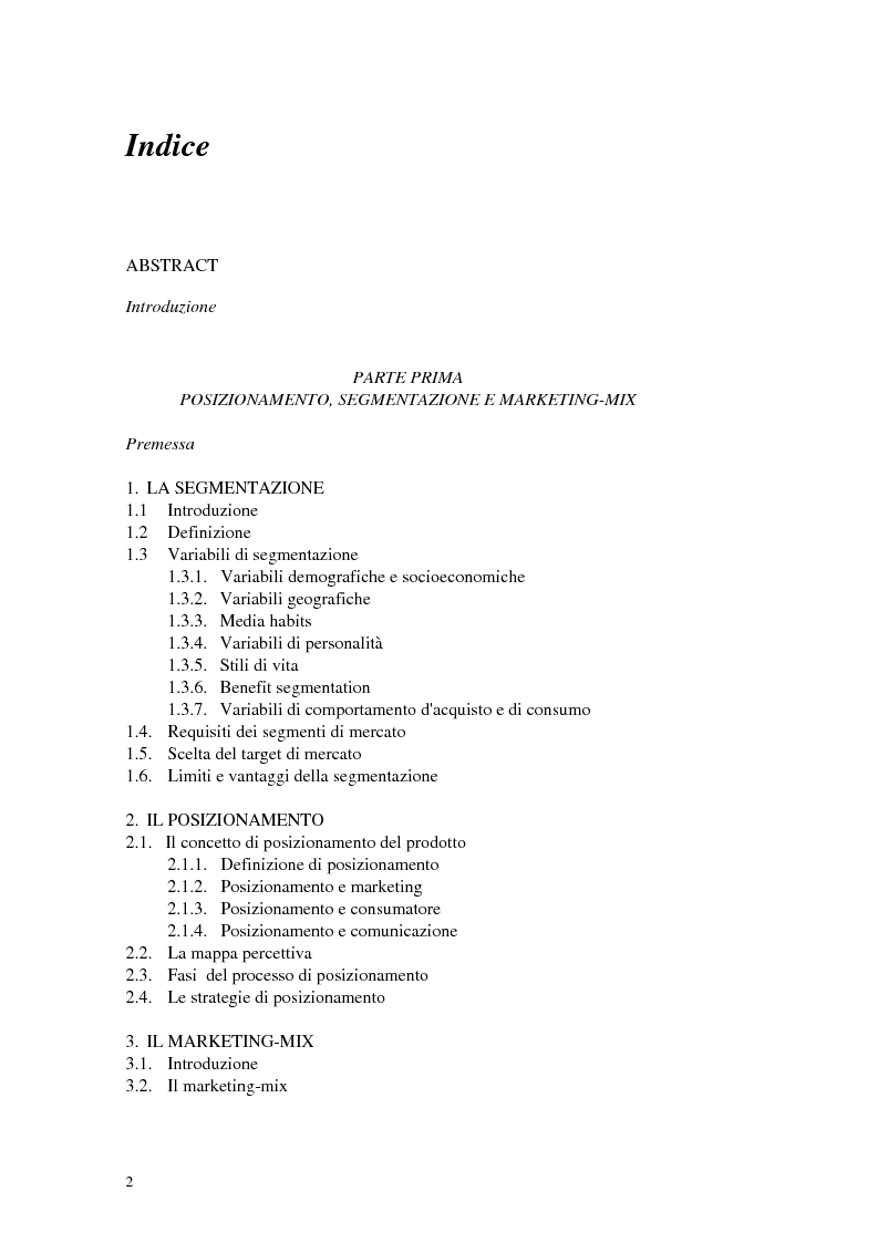 Indice della tesi: Posizionamento e comunicazione pubblicitaria: il caso Ferrarelle, Pagina 1