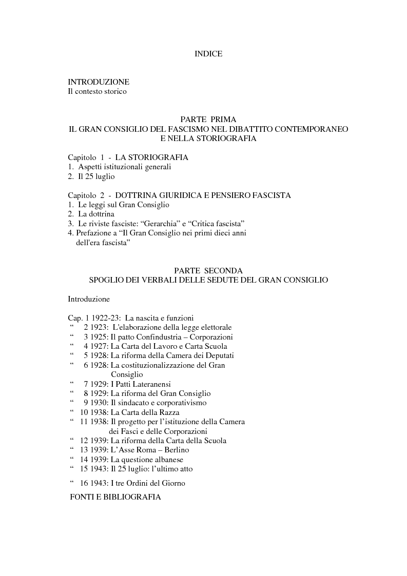 Indice della tesi: Il gran consiglio del fascismo sotto l'aspetto politico - giuridico, Pagina 1