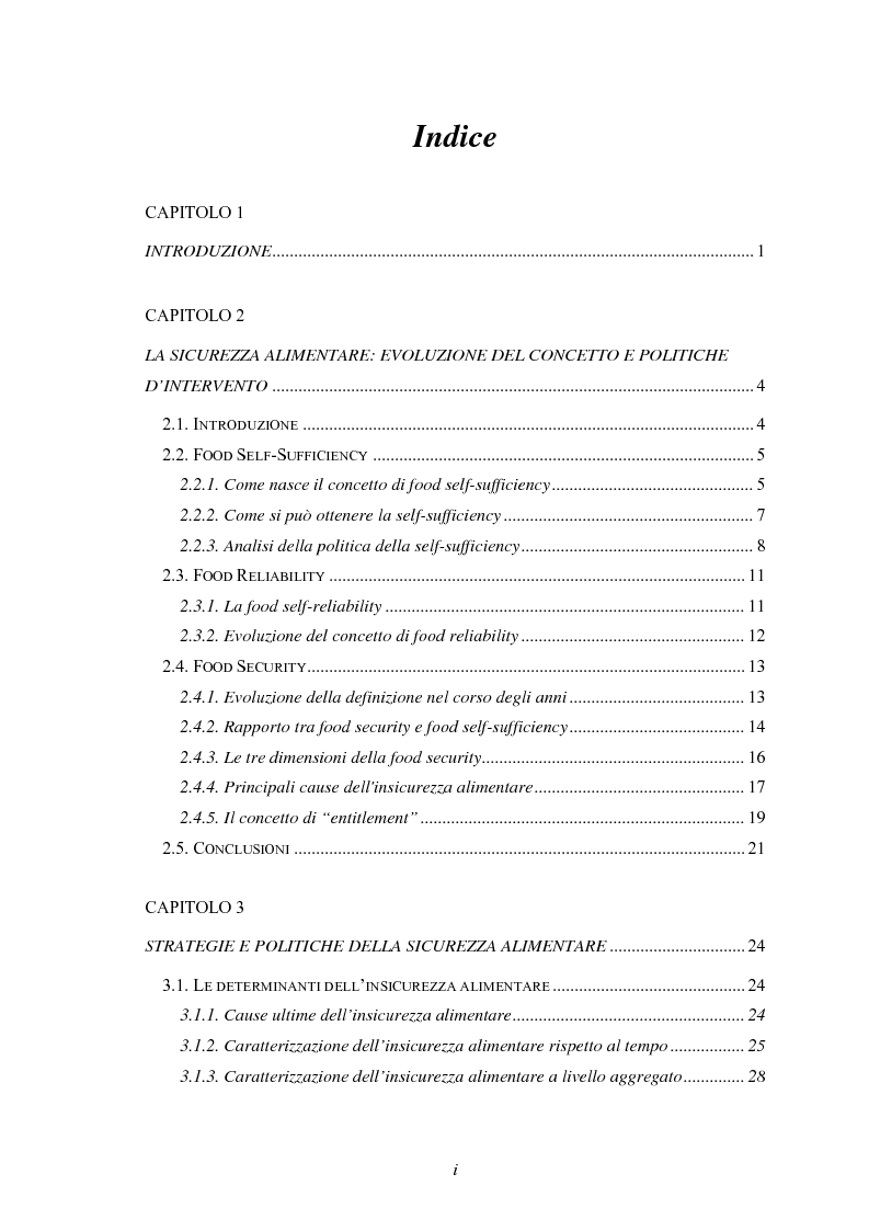 Indice della tesi: La sicurezza alimentare in Bangladesh con particolare riferimento all'alluvione del 1998, Pagina 1