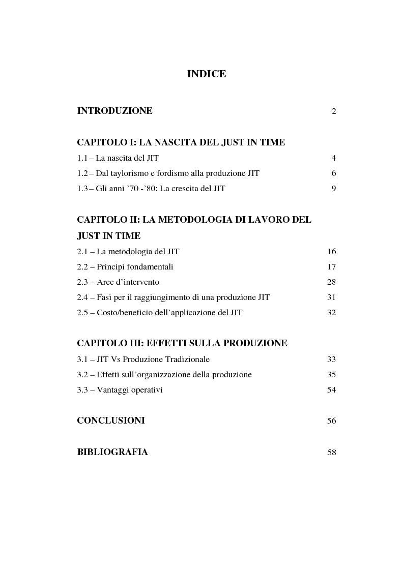 Indice della tesi: Effetti del Just In Time sull'organizzazione della produzione, Pagina 1