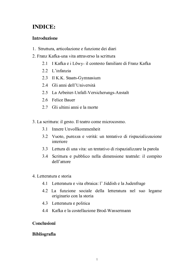 Indice della tesi: Motivi poetologici e storici nei Diari di Franz Kafka, Pagina 1