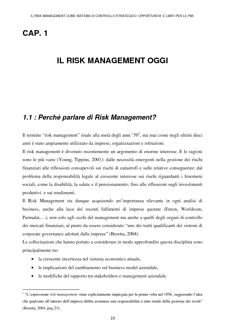 Anteprima della tesi: Il risk management come sistema di controllo strategico: opportunità e limiti per le PMI, Pagina 6