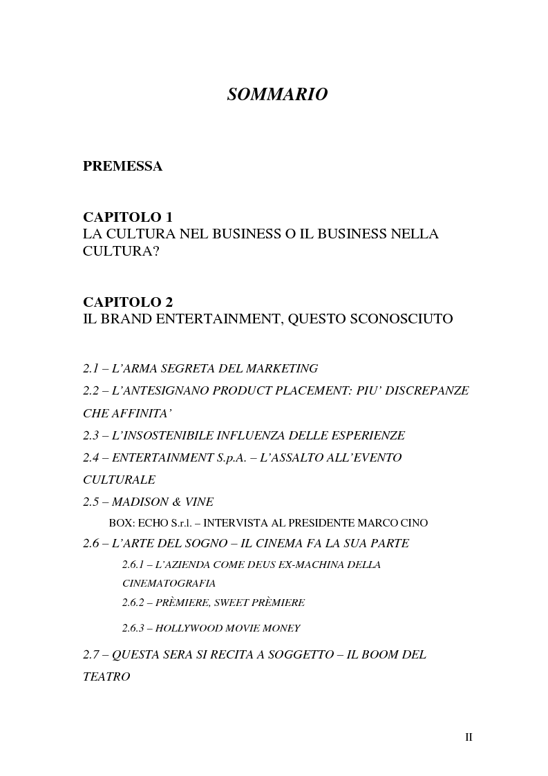 Indice della tesi: Il brand entertainment: il caso di Comunicare In Teatro, Pagina 1
