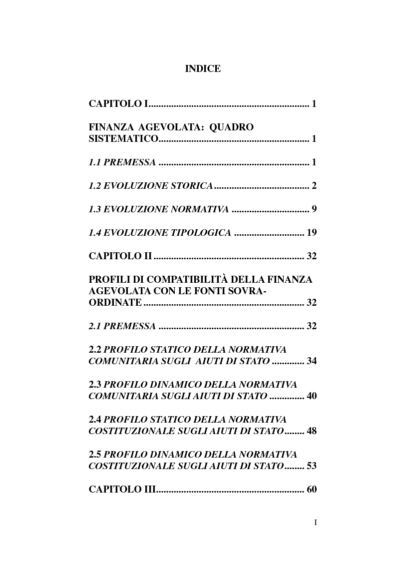 Indice della tesi: Riforma degli incentivi alle imprese e finanza agevolata, Pagina 1