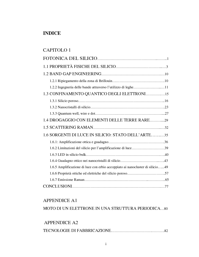 Indice della tesi: Progetto di una cavità Fabry-Perot basata su nanocluster di silicio drogati con erbio, Pagina 1