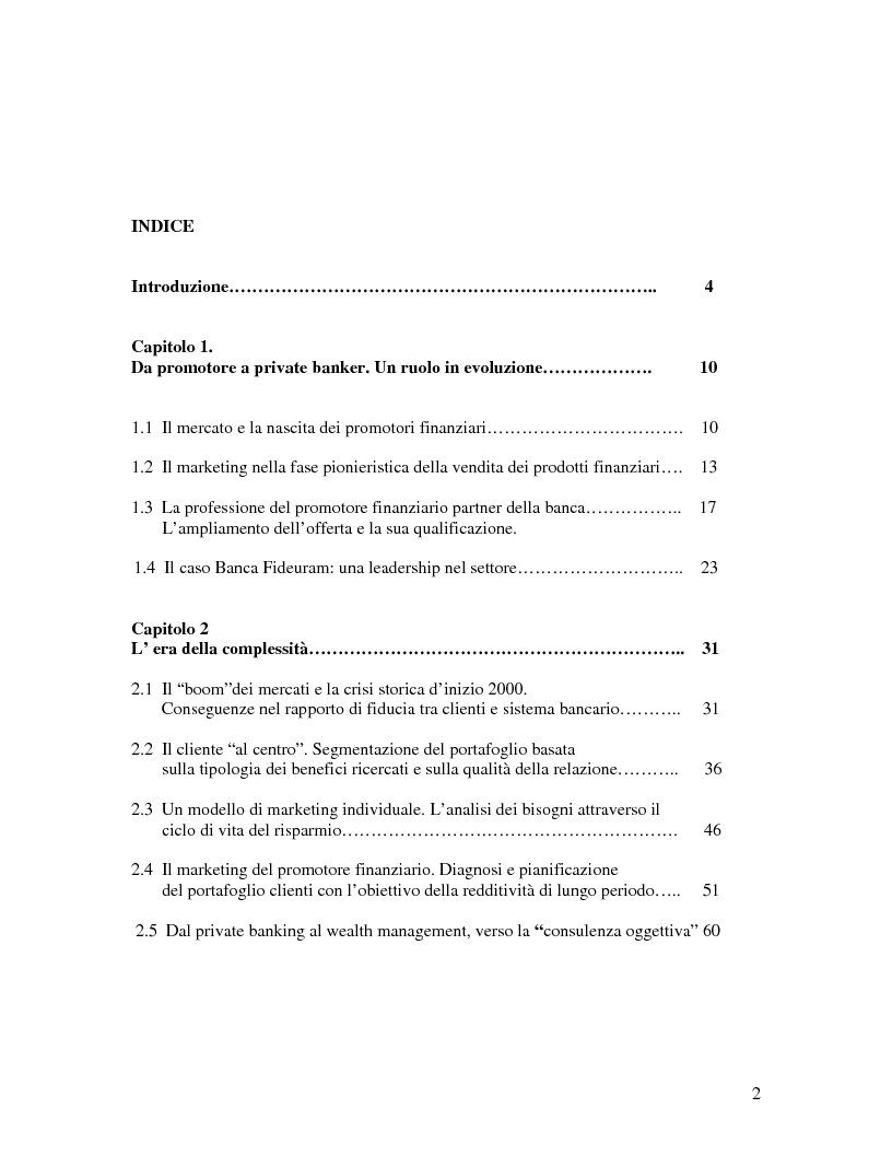 Indice della tesi: La fidelizzazione del cliente risparmiatore. Evoluzione della consulenza finanziaria professionale, Pagina 1