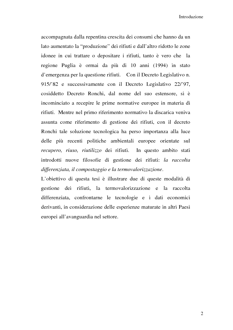 Anteprima della tesi: Comparazione tecnico-economica di due tecnologie di gestione degli RSU. Termovalorizzazione Vs. Raccolta differenziata., Pagina 2