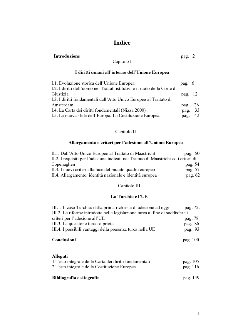 Indice della tesi: Allargamento e diritti umani nell'Unione Europea, Pagina 1
