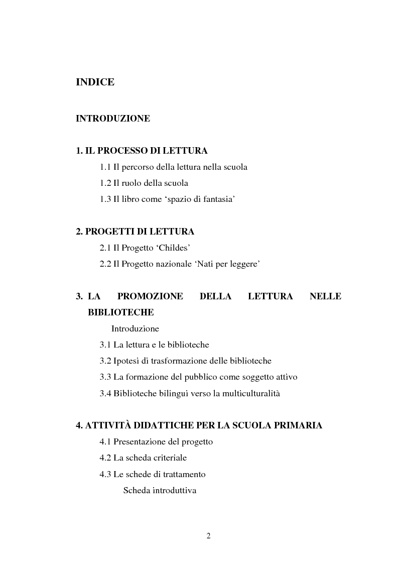 Indice della tesi: Percorso e percorsi di lettura nella scuola primaria, Pagina 1