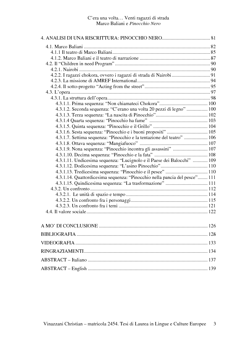 Indice della tesi: C'era una volta... Venti ragazzi di strada. Marco Baliani e Pinocchio Nero, Pagina 2