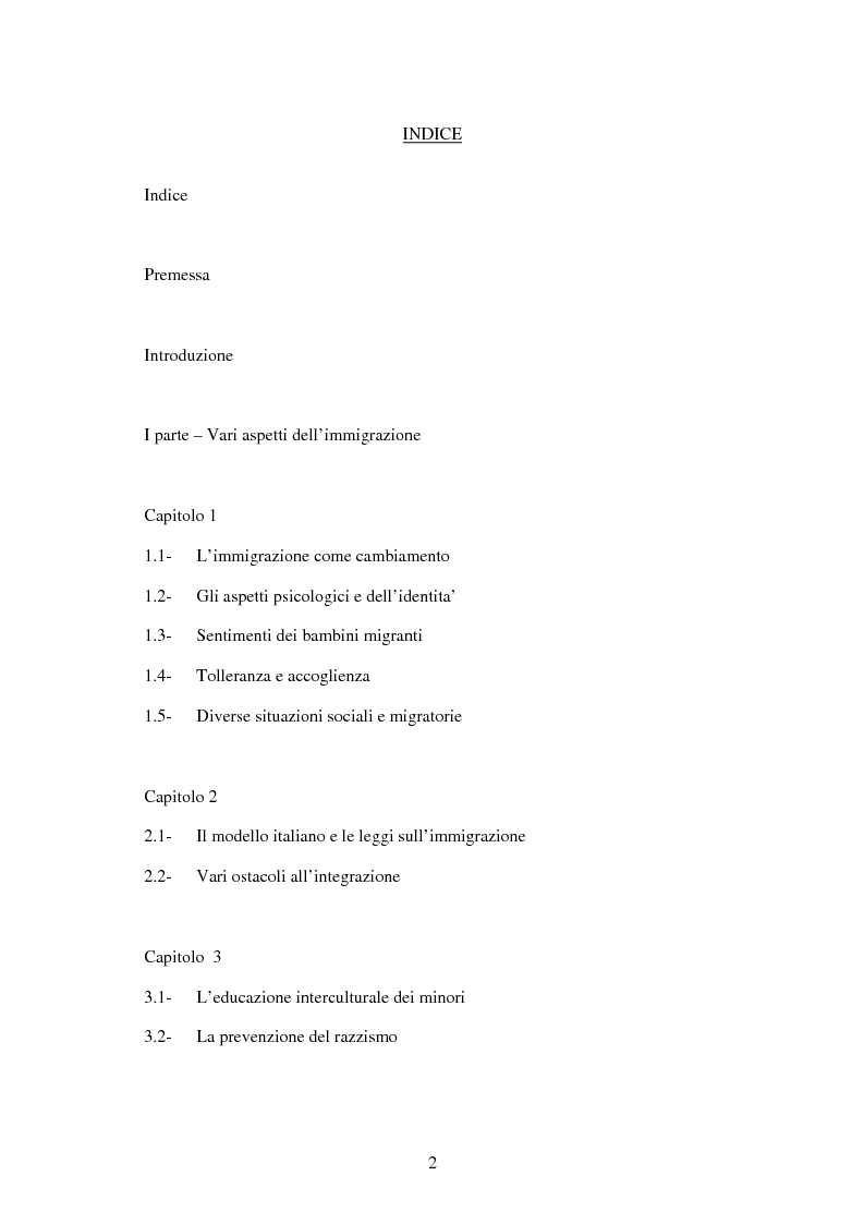 Indice della tesi: L'integrazione dei minori stranieri in Italia, Pagina 1