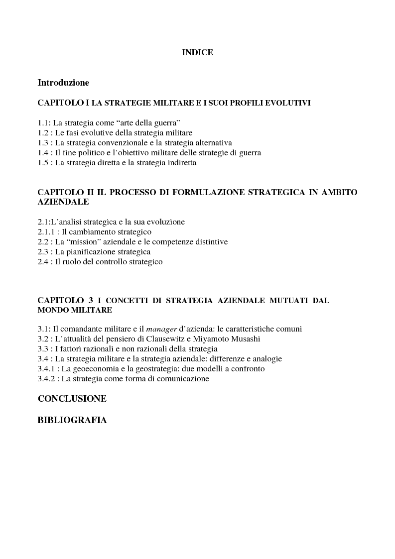 Indice della tesi: La strategia militare e la sua applicazione in ambito aziendale, Pagina 1