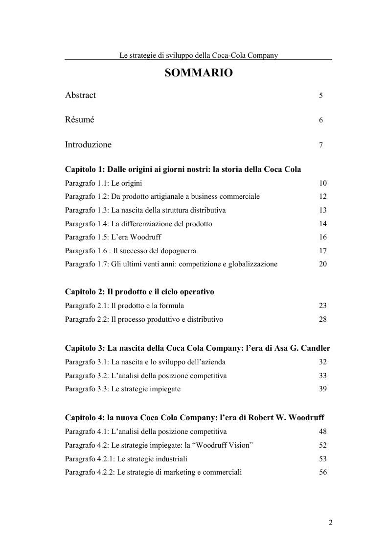 Indice della tesi: Le strategia di sviluppo della Coca Cola Company, Pagina 1