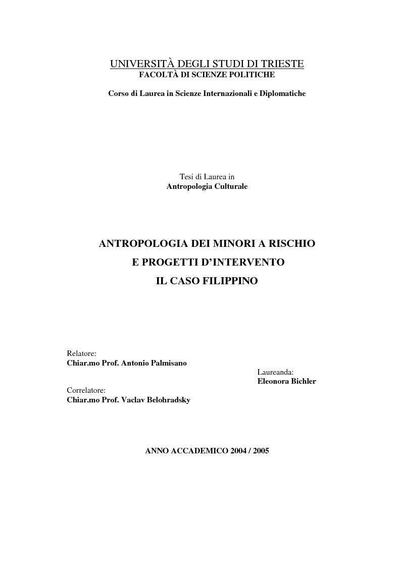 Anteprima della tesi: Antropologia dei minori a rischio e progetti d'intervento. Il caso filippino, Pagina 1
