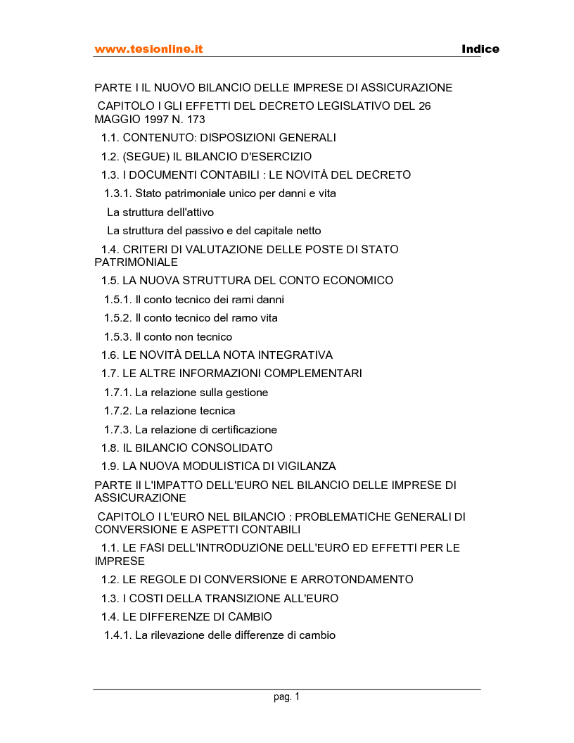 Indice della tesi: L'impatto dell'euro nel bilancio delle imprese di assicurazione, Pagina 1