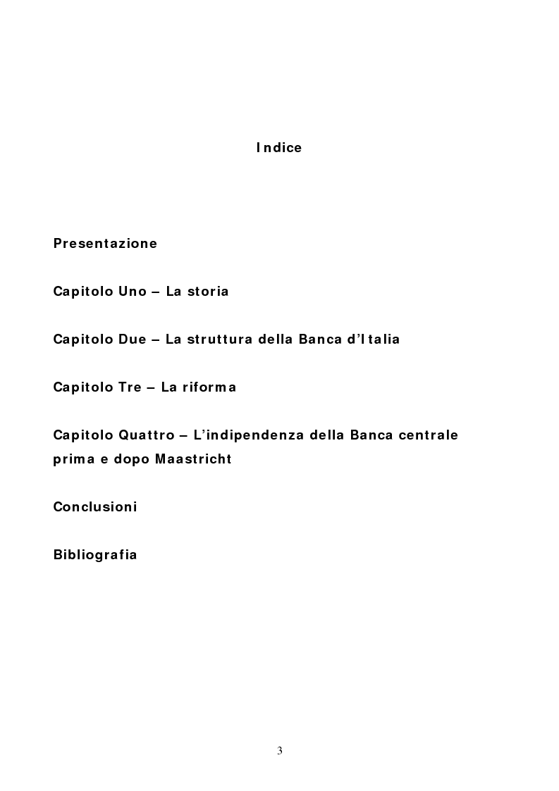 Indice della tesi: La Banca d'Italia: struttura e indipendenza, Pagina 1