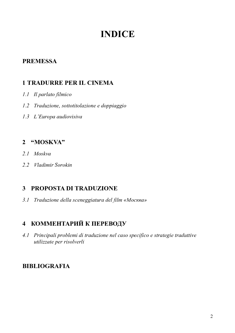 Indice della tesi: Tradurre per il cinema: Moskva di V. Sorokin, Pagina 1