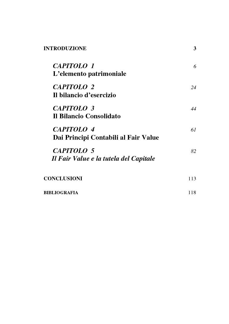 Indice della tesi: Fair value e tutela del capitale, Pagina 1