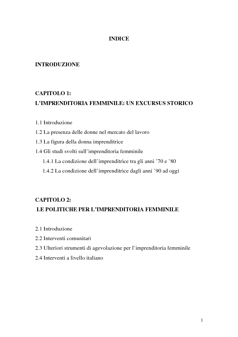 Indice della tesi: L'imprenditoria femminile: storia, politiche e motivazioni, Pagina 1