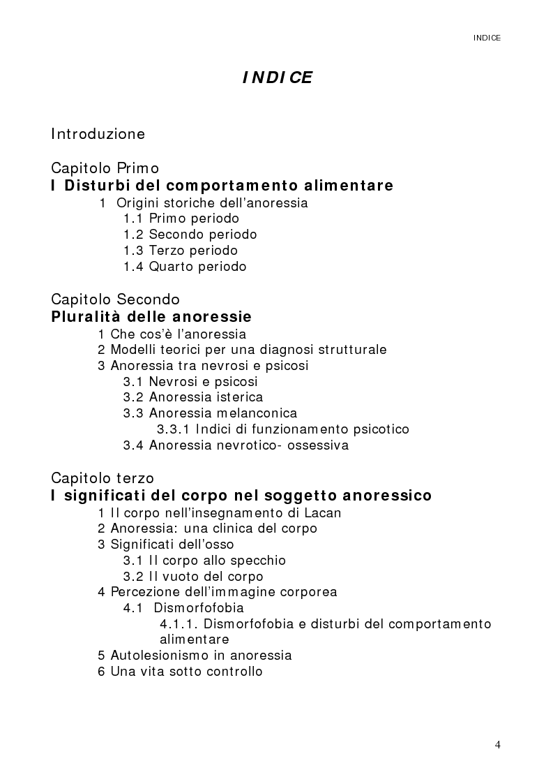 Indice della tesi: Psicoanalisi dell'anoressia: il corpo devastato, Pagina 1