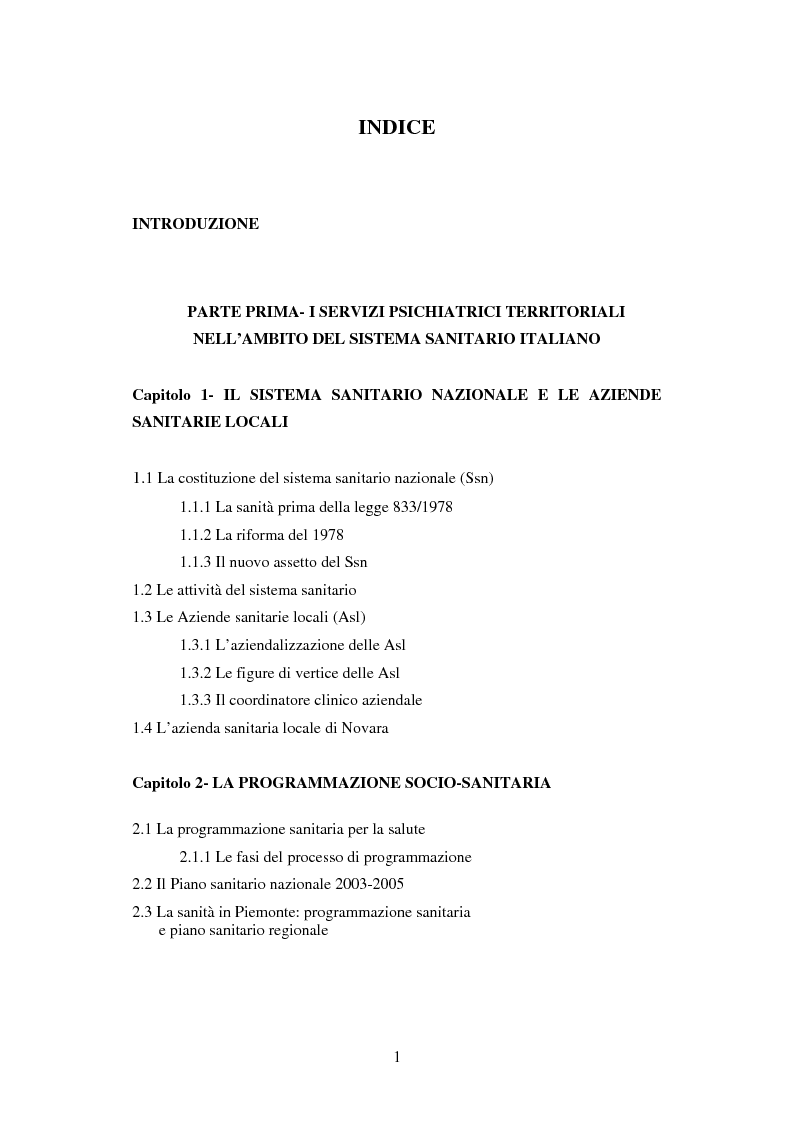Indice della tesi: Analisi dell'attività di prima accoglienza del servizio psichiatrico territoriale dell'ASL 13 di Novara, Pagina 1