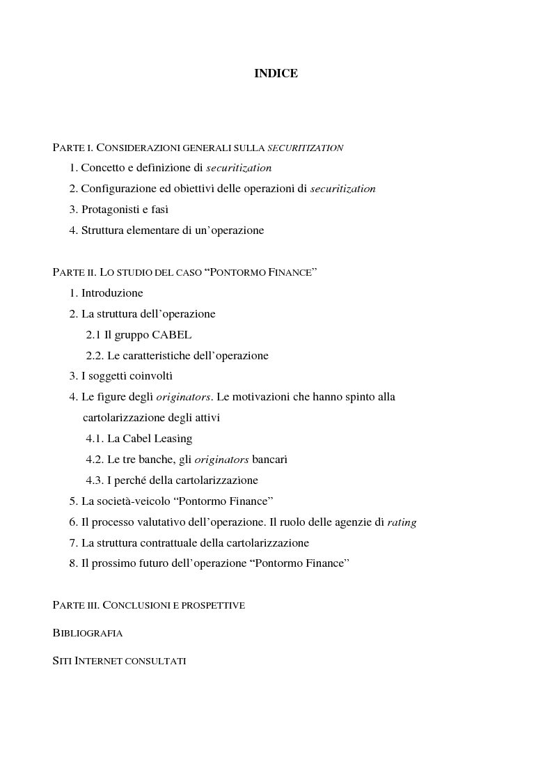 Indice della tesi: La securitization degli attivi bancari. Il caso della ''Pontormo Finance'', Pagina 1