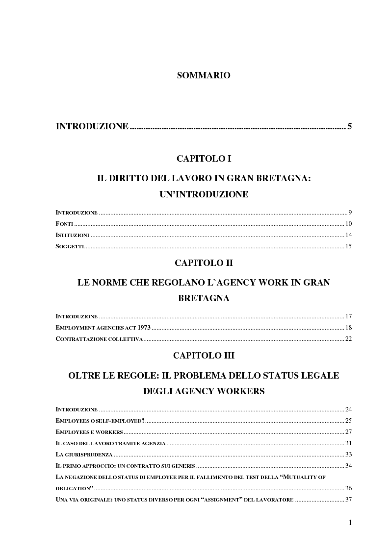 Indice della tesi: Il lavoro tramite agenzia in Italia e nel Regno Unito, Pagina 1