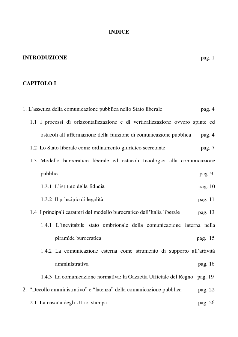Indice della tesi: Comunicazione pubblica, politica e amministrazione nell'organizzazione ministeriale. Il Ministero del lavoro, Pagina 1