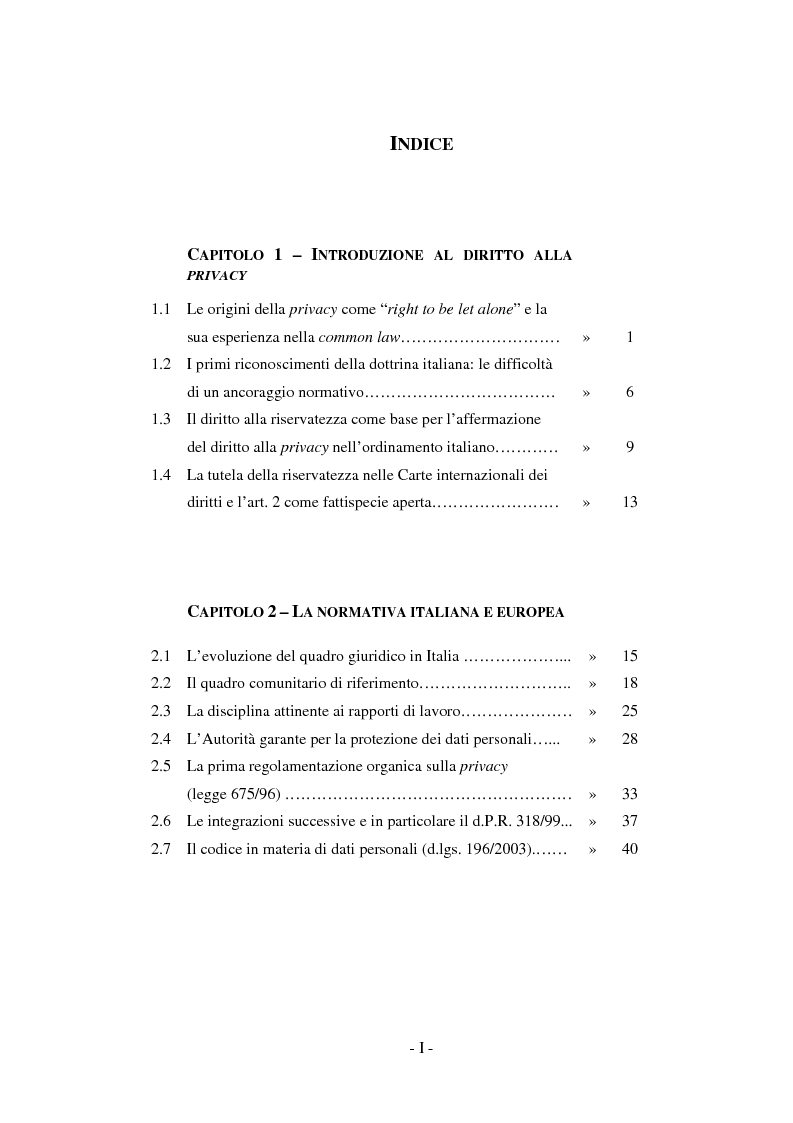 Indice della tesi: La privacy e il documento programmatico sulla sicurezza dei dati personali, Pagina 1