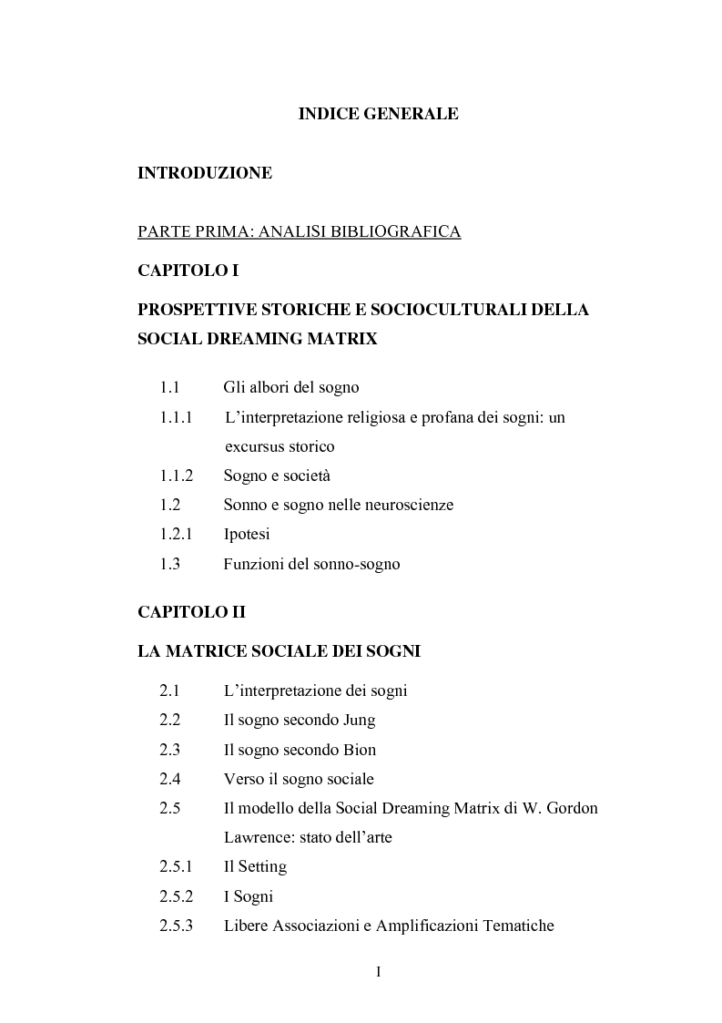 Indice della tesi: La Social Dreaming Matrix: un’indagine conoscitiva sulla funzione sociale del sogno, Pagina 1