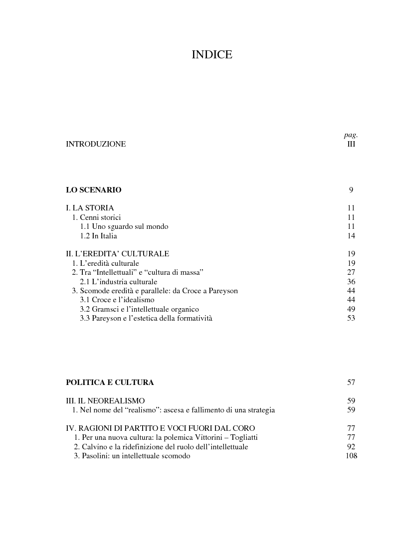 Indice della tesi: Idiosincrasie mediali. Intellettuali e industria culturale tra neorealismo e neoavanguardia, Pagina 1
