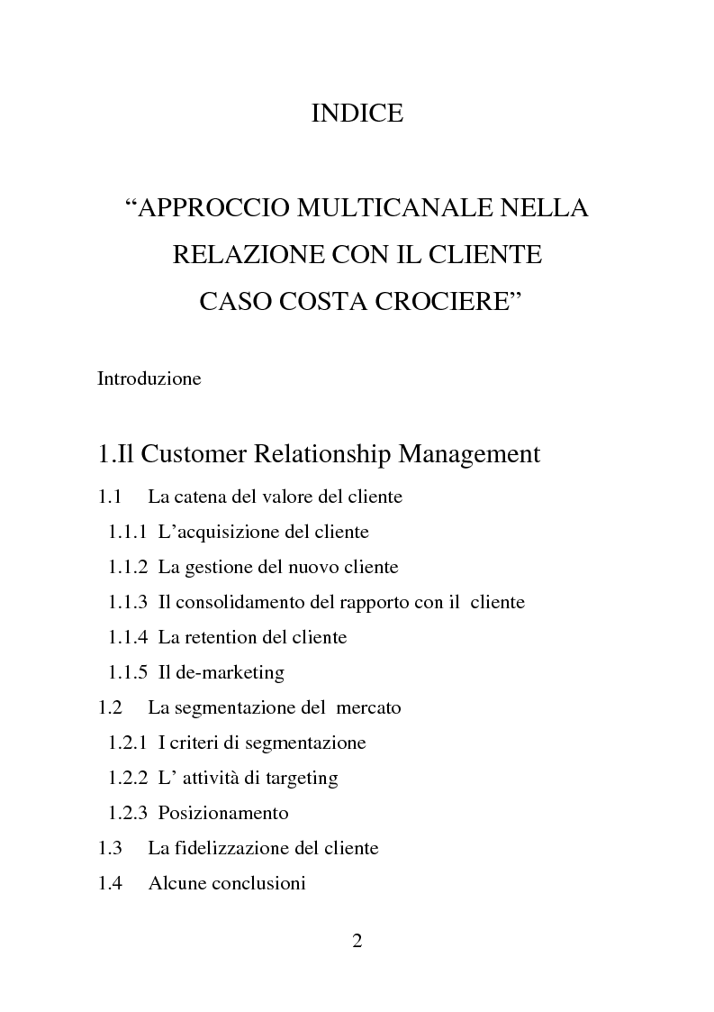 Indice della tesi: Approccio multicanale nella relazione con il cliente: caso Costa Crociere, Pagina 1