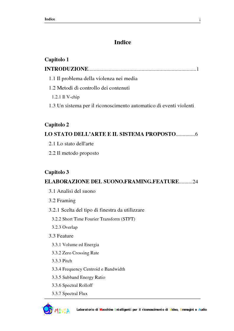 Indice della tesi: Sviluppo di un sistema per il riconoscimento di eventi violenti in sequenze video, Pagina 1