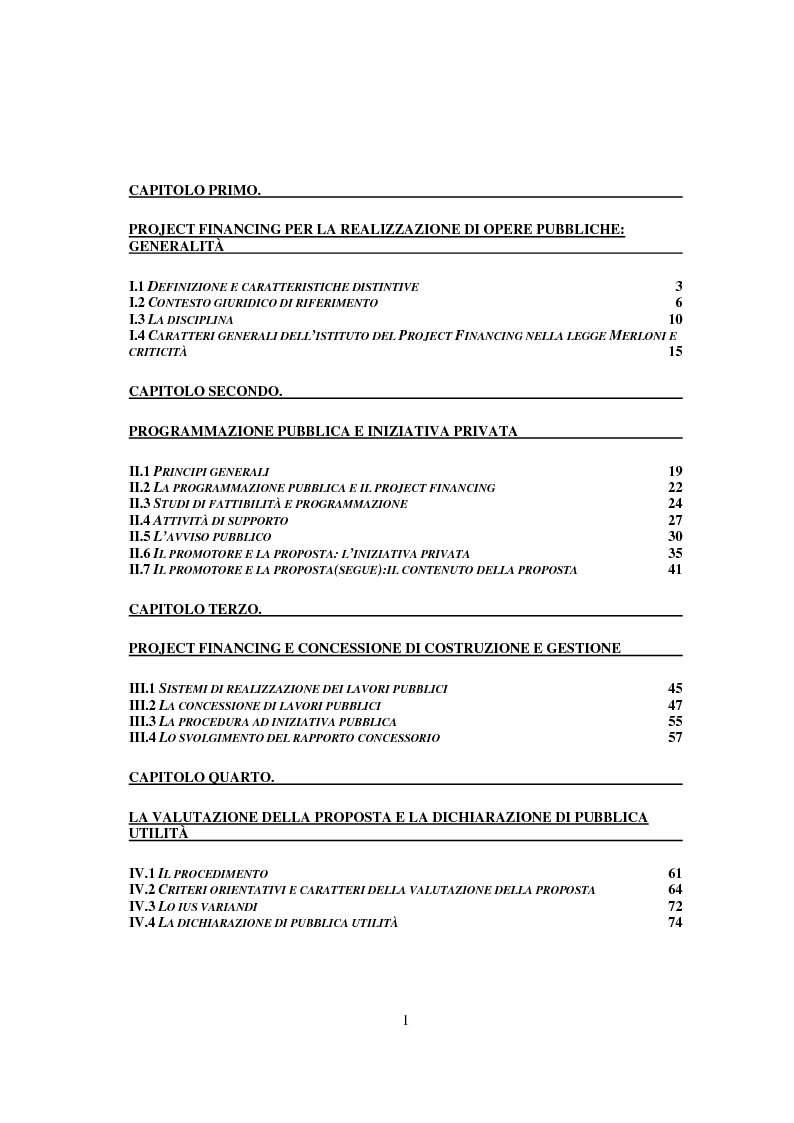 Indice della tesi: Project financing, Pagina 1