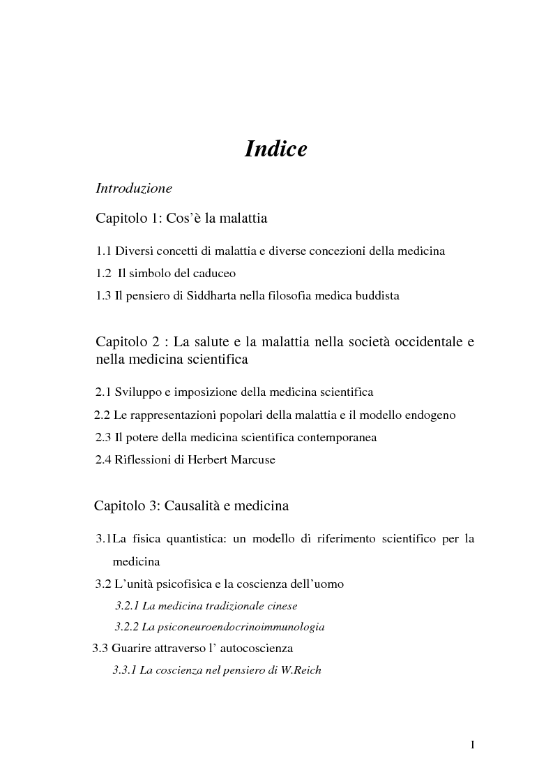 Indice della tesi: Consapevolezza nella salute, nella malattia e nel processo di guarigione, Pagina 1