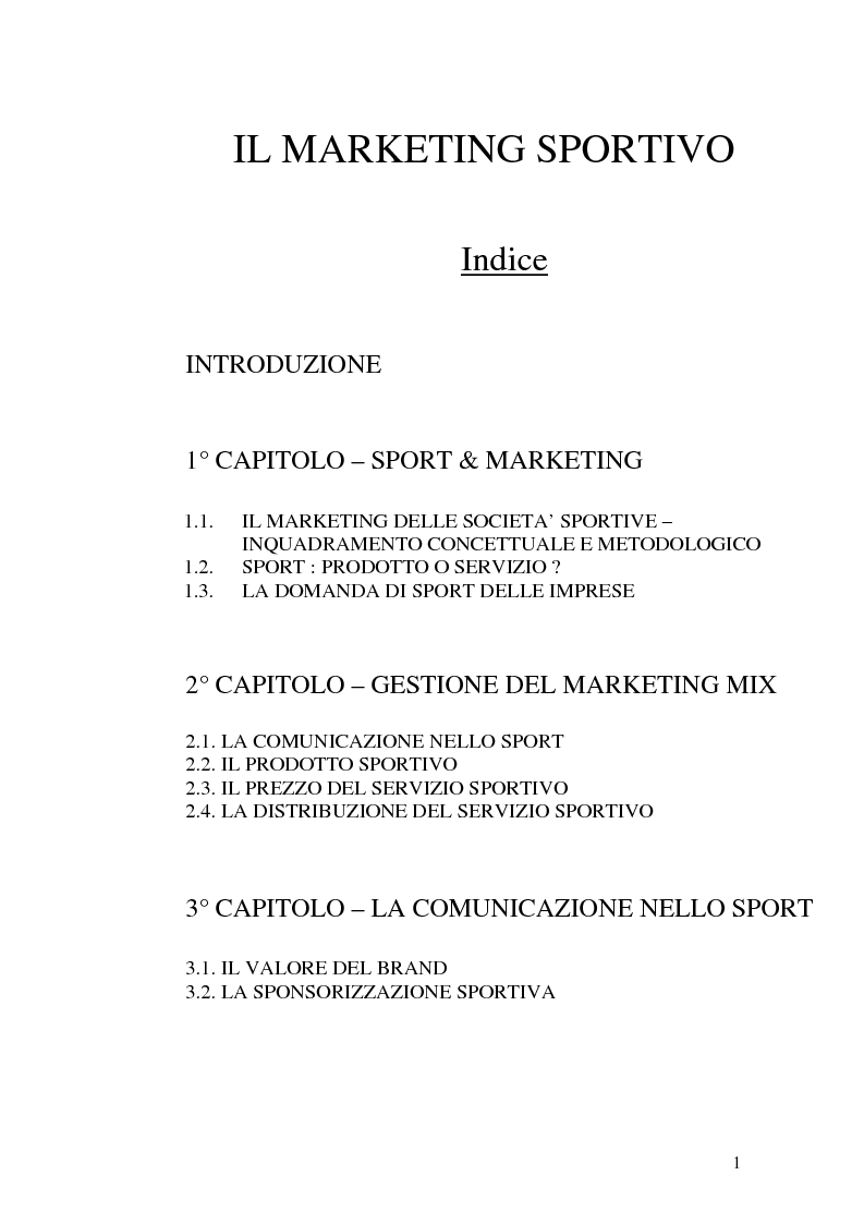 Indice della tesi: Il Marketing Sportivo - Caso aziendale: Nike, Pagina 1