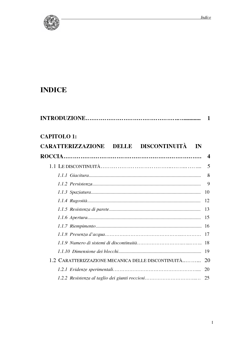 Indice della tesi: Studio per l'analisi di stabilità di versanti rocciosi: il caso di Les Trappistes in Svizzera, Pagina 1
